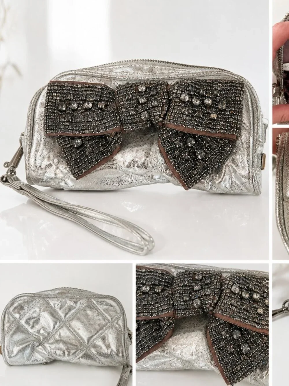 Deux Lux Silver Metallic Rhinestone Bow Wristlet Clutch | Glam Evening Bag